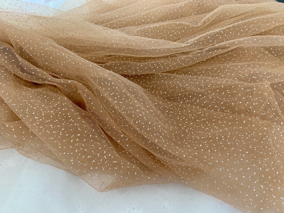 Nude tan tulle fabric with shimmer for dress,  tulle with glitters, sparkling polka dots for costume, galaxy like tulle fabric