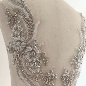 handcrafted silver rhinestone applique, crystal bodice patch, rhinestone flowers applique for haute couture, bridal dress , dance costume