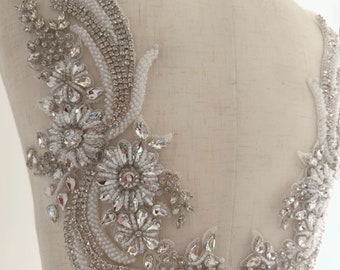 Französische Perlen Applikation, Kristall Mieder Aufnäher, Strass Blumen Applikation für Haute couture, Brautkleid, Tanzkostüm