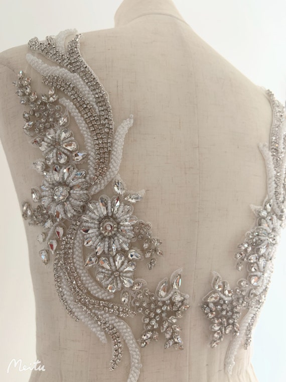 handcrafted silver rhinestone applique, crystal bodice patch, rhinestone flowers applique for haute couture, bridal dress , dance costume