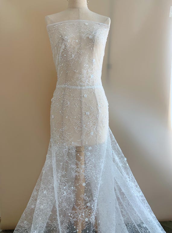 White bead Chantilly lace fabric with sequins, heavy beaded Chantilly lace fabric for wedding dress
