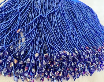 Blue bead Fringe trim for haute couture, dance costume trim | 5.9 inches