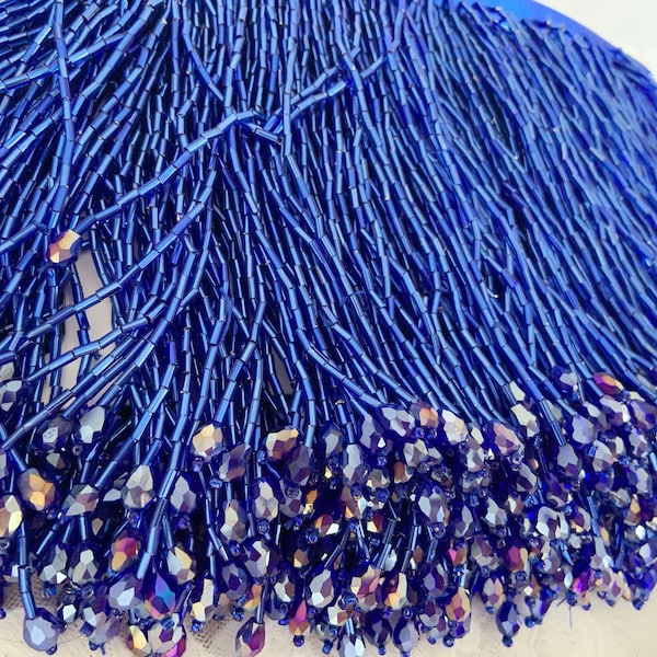 Blue bead Fringe trim for haute couture, dance costume trim | 5.9 inches