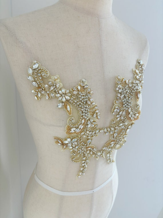 Gold rhinestone appliqué, sparkle crystal applique for couture, dress, dance costume