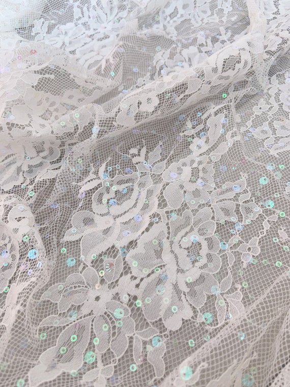 off white Chantilly lace fabric with sparkly sequins, bridal lace fabric