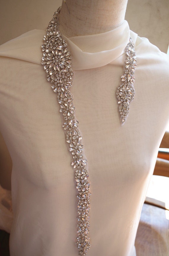 Long Rhinestone sash applique for bridal dress, gowns  ON SALE