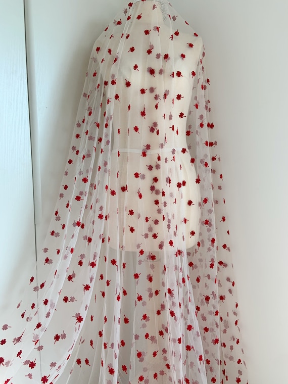 Ivory  tulle Lace fabric with red velvet lucky grass florals,  soft tulle mesh fabric with velvet flowers , new arrival