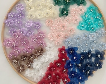 5 pcs dark green handcrafted flowers applique, handmade flowers petals with rhinestone and beads