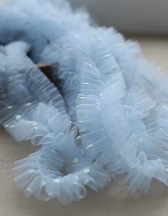 light baby blue tulle ruffles trim with shiny polka dots, frill trim for tutu, dance costume, lingerie, doll dress