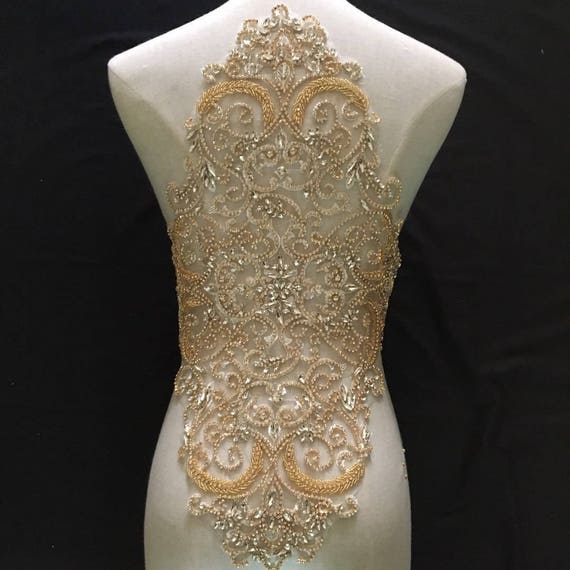 gold Rhinestone bodice applique, crystal applique, crystal bodice applique for wedding dress, deluxe rhinestone bodice for haute couture