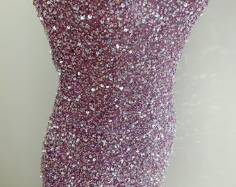 Purple bead power mesh fabric for dress, stretch  sequined mesh fabric for gowns