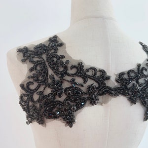 Black Rhinestone applique, black crystal bodice patch, handmade rhinestone patch for couture, gowns, dress, dance costume