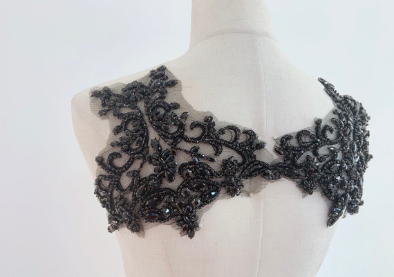Black Rhinestone applique, black crystal bodice patch, handmade rhinestone patch for couture, gowns, dress, dance costume