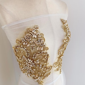 Champagne gold Rhinestone applique for corset dress, handcrafted rhinestone patch for tube  couture, dance costume