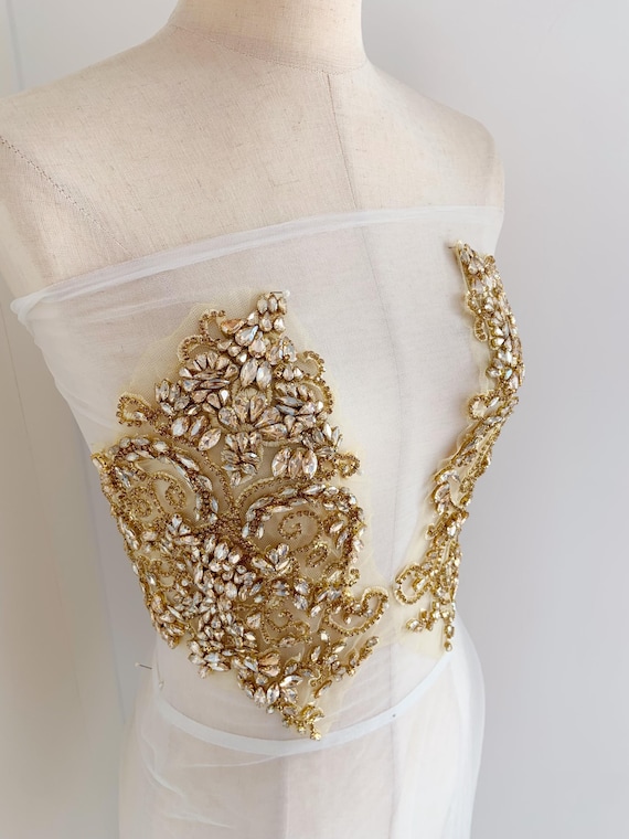 Champagne gold Rhinestone applique for corset dress, handcrafted rhinestone patch for tube  couture, dance costume