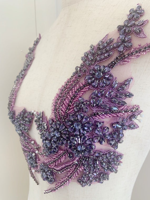 Dark purple Rhinestone applique, sparkle crystal applique, crystal bodice patch, handmade couture supplies, dance costume supplies