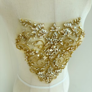 Champagne gold sweet heart Rhinestone bodice applique for couture and dress, hand crafted crystal patch for couture, dance costume