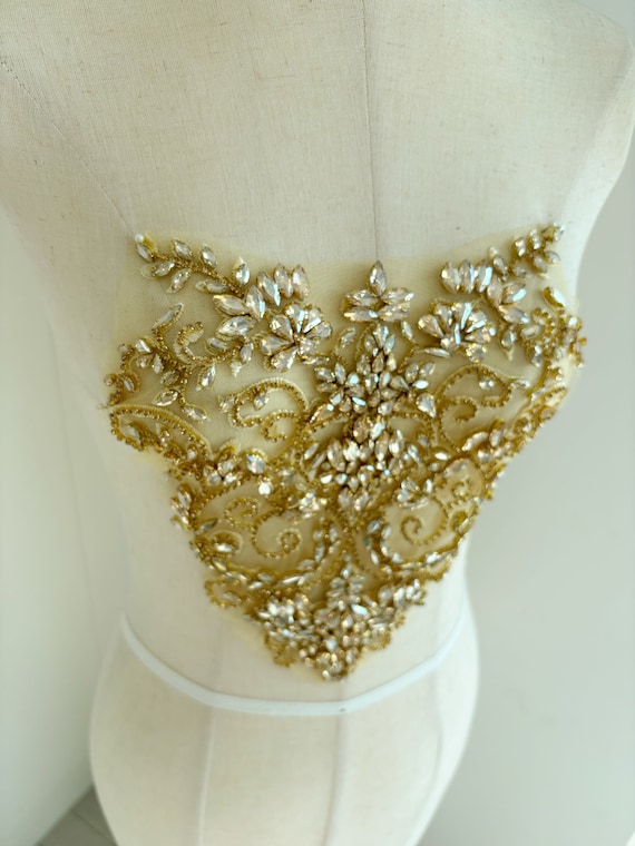 Champagne gold sweet heart Rhinestone bodice applique for couture and dress, hand crafted crystal patch for couture, dance costume