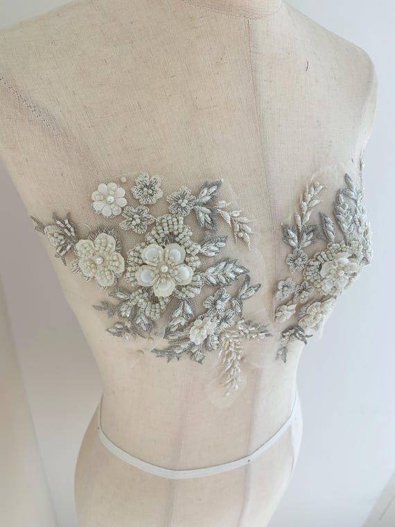 2 pcs champagne lace applique with 3d flowers