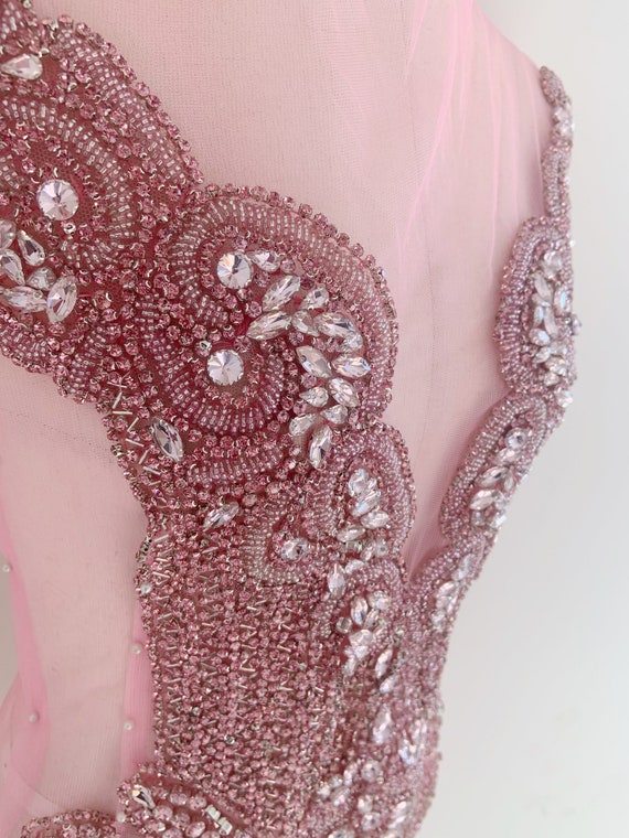 Big pink Rhinestone applique, rhinestone dress, crystal applique for couture, dress, costume, stage performance