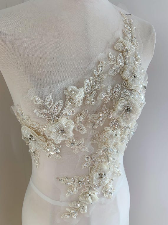 Ivory 3d handcrafted Camilla applique patch, heavy bead flowers appliqué for dress, rhinestone applique for prom dress