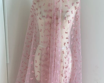 Dust pink tulle Lace fabric with velvet bows,  soft tulle mesh fabric with velvet daisies, new arrival