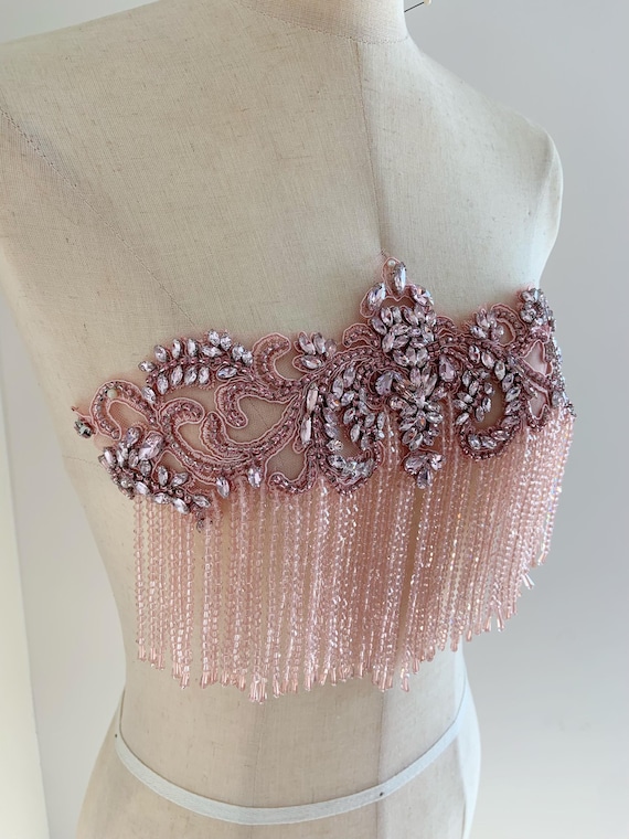 Pink Rhinestone applique patch with fringe for dance costume, rose gold body jewelry with fringe, embellishment for couture, dance costume