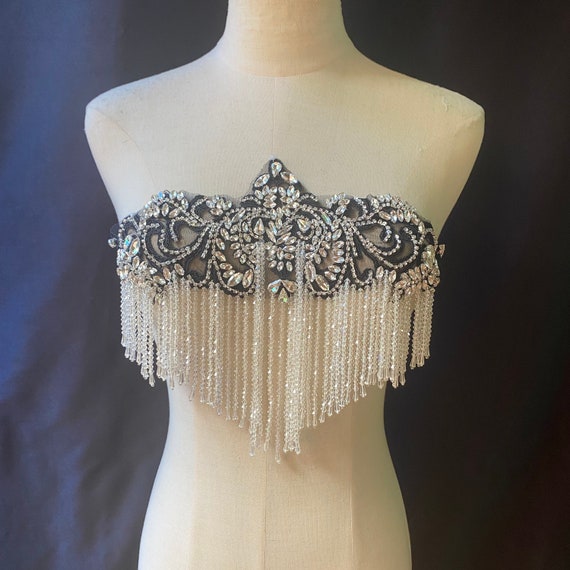 Black Rhinestone applique with clear stones and fringe for party dress, body jewelry with fringe, embellishment for couture, dance costume