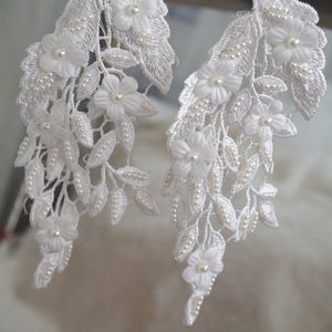 2pcs off white lace applique, 3D bead applique with leaves and mini flowers, delicate lace patch