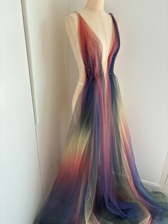 Colorful rainbow tulle fabric with ombré colors, tie dyed style tulle mesh lace fabric, tulle lace fabric, net tulle lace fabric