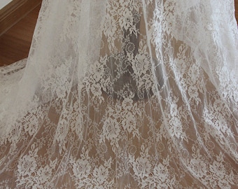 off white Chantilly lace fabric, bridal chantilly lace, French lace fabric with scalloped borders, ivory lace fabric with eyelash