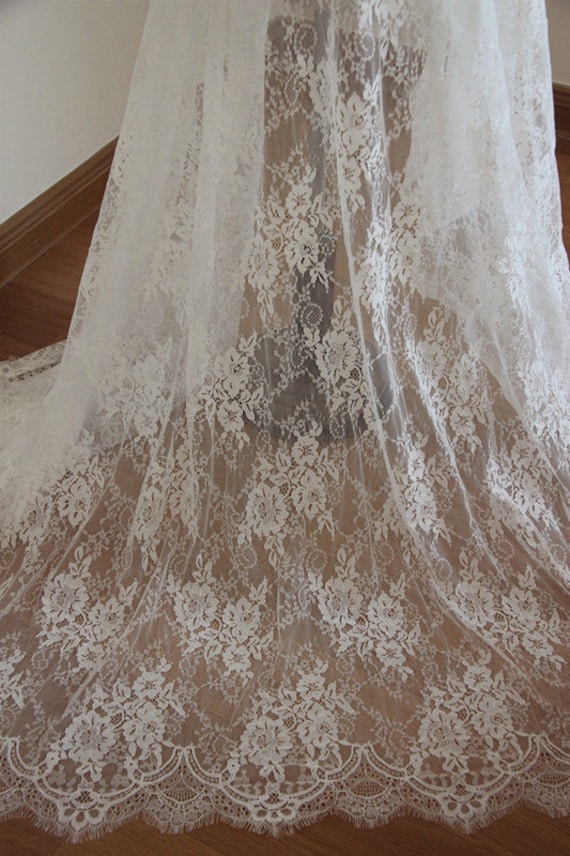 off white Chantilly lace fabric, bridal chantilly lace, French lace fabric with scalloped borders, ivory lace fabric with eyelash