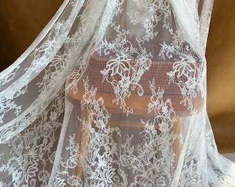 Soft White Chantilly lace fabric with florals and fringe for veil, Bridal robe, wedding dress