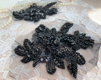 Black bead flowers patches for dress alteration, beadwork floral appliqué millinery supplies