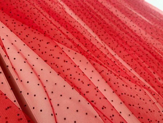 Red tulle fabric with tiny velvet dots, sheer tulle fabric with polka dots, flocking dots tulle