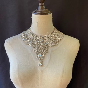 Silver rhinestone collar, rhinestone necklace applique, rhinestone neckline patch for couture, dress, costume