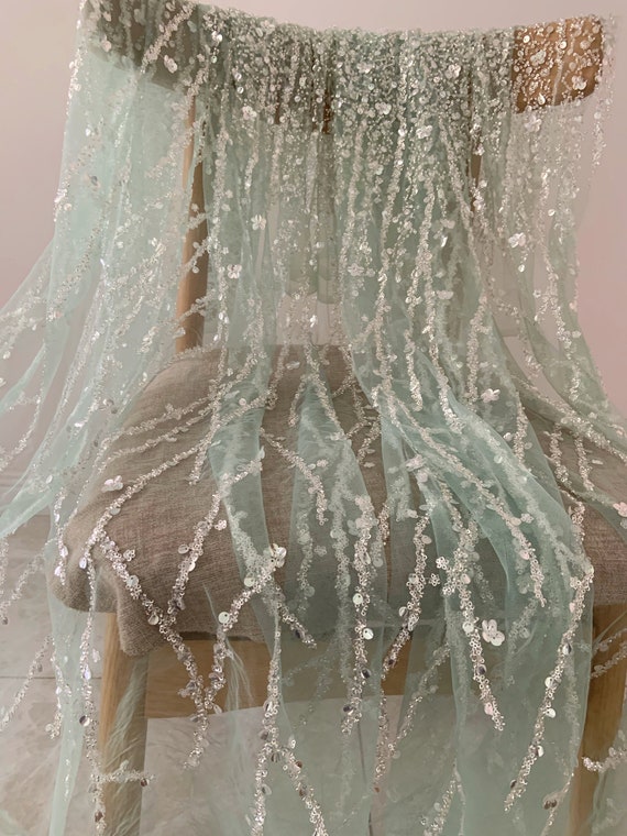 Light sage green Heavy bead tulle lace fabric with florals for bridal dress, beading and sequined mesh fabric for wedding gown