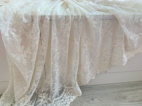 Soft  ecru embroidered tulle lace fabric with elegant florals, elegant tulle lace with cotton embroidery