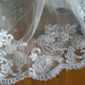 beaded bridal lace trim, ivory alencon lace trim, scalloped lace trim, sequined lace trim, vintage lace trim, CGDZ048B, CGDZ058DB image 1