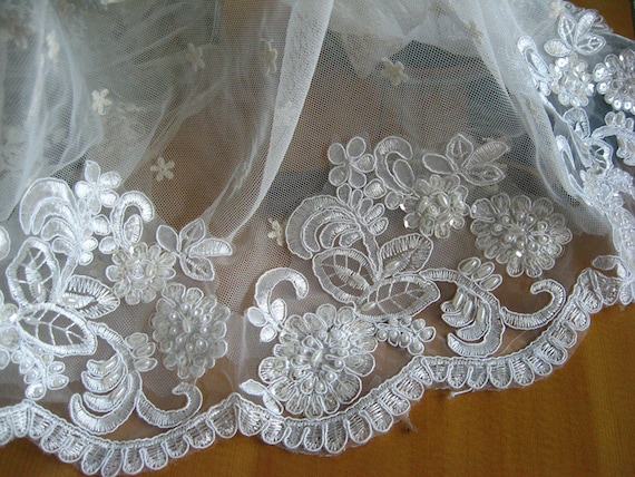 beaded bridal lace trim, ivory alencon lace trim, scalloped lace trim, sequined lace trim, vintage lace trim, CGDZ048B, CGDZ058DB