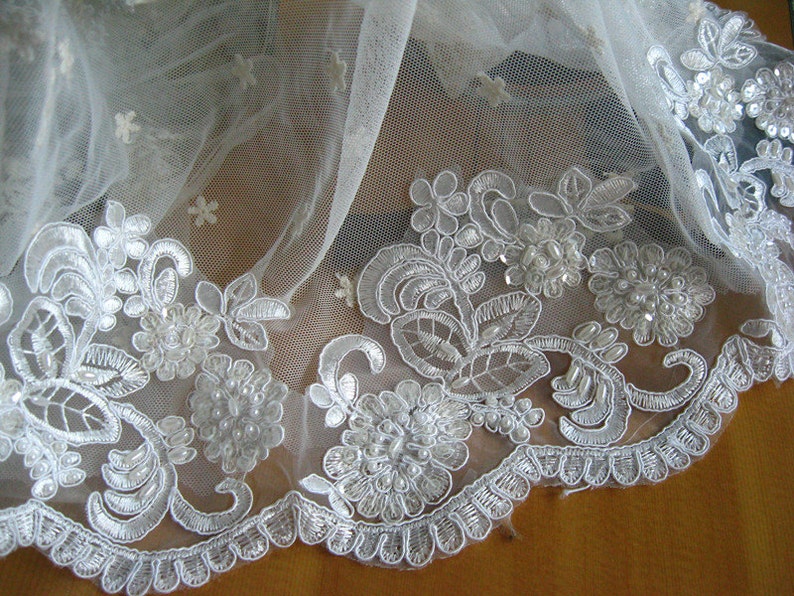 beaded bridal lace trim, ivory alencon lace trim, scalloped lace trim, sequined lace trim, vintage lace trim, CGDZ048B, CGDZ058DB image 1