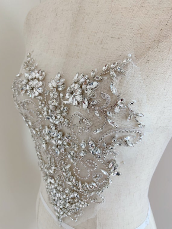 Sweet heart Rhinestone bodice applique for couture and dress, handcrafted crystal patch for couture, dance costume, bridal dress, ball gown