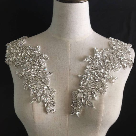 silver Rhinestone appliqué, handcrafted rhinestone applique, rhinestone bodice patch