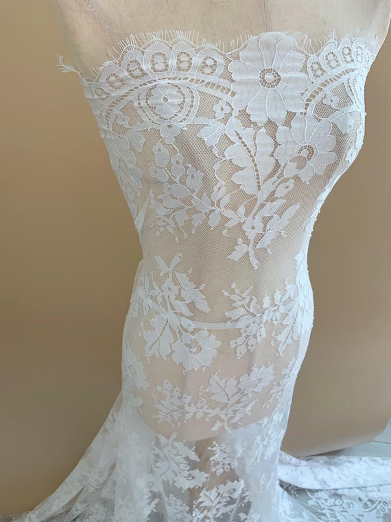 soft White Chantilly lace fabric with flowers for wedding dress, bridal gown, veil
