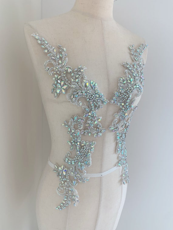 Iridescent ab rhinestone appliqué, sparkle crystal patch for couture, dress, dance costume