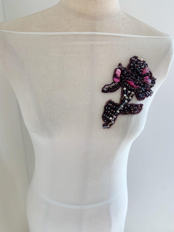 purple hand bead floral applique, 3d heavy bead rhinestone applique patch for headpiece, garment, dress