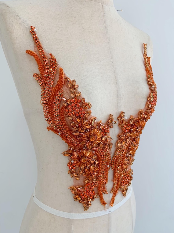 Orange rhinestone applique patch for dance costume, rhinestone corset , couture supplies