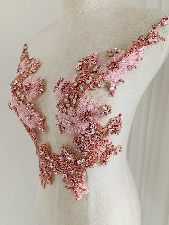 Pink florals Rhinestone applique, rhinestone  patch with flowers motif, bead for couture, costume, dress, ball gown
