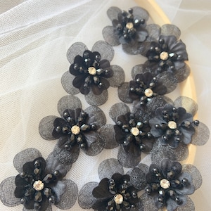 5 pcs black handcrafted flowers applique, handmade flowers patch with rhinestone
