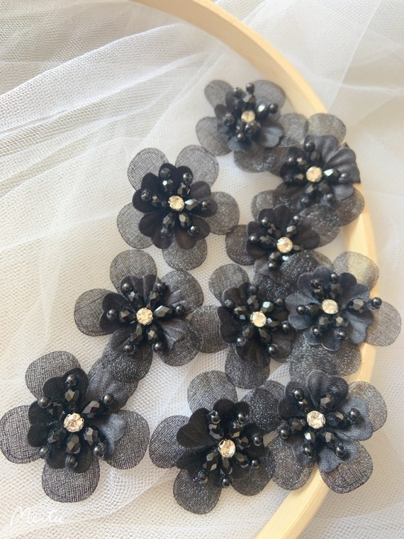 5 pcs black handcrafted flowers applique, handmade flowers patch with rhinestone